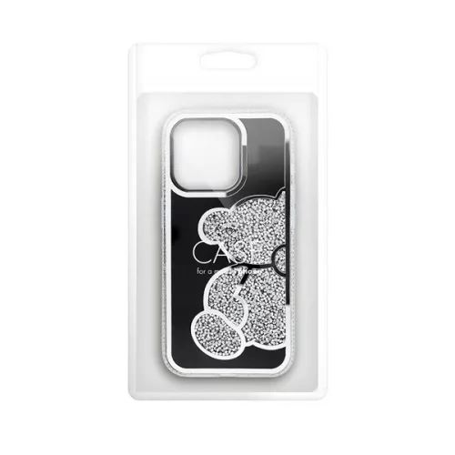 Teddy Bear iPhone 14 csillogó köves tok fekete-ezüst (101177) (101177)