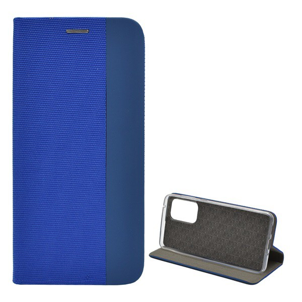 Tok álló, bőr hatású (FLIP, oldalra nyíló, asztali tartó funkció, textil minta) KÉK [Samsung Galaxy A33 5G (SM-A336)] (5996591151960)