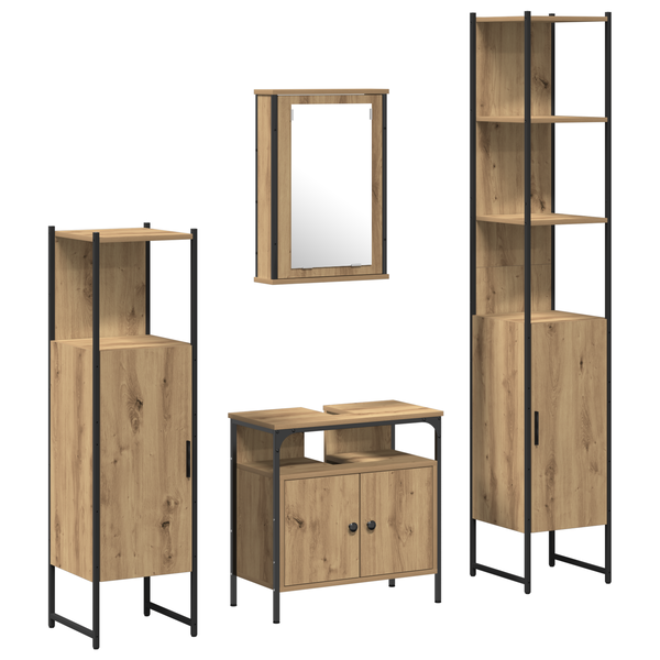 Set de mobilier pentru baie din 4 piese în stejar artisanal