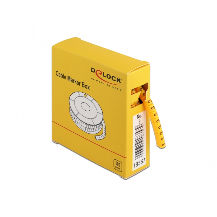 Delock No.3 500db sárga kábeljelző 4-től 5mm-es átmérőjű kábelekhez, praktikus adagoló dobozban (18357) (delock18357)