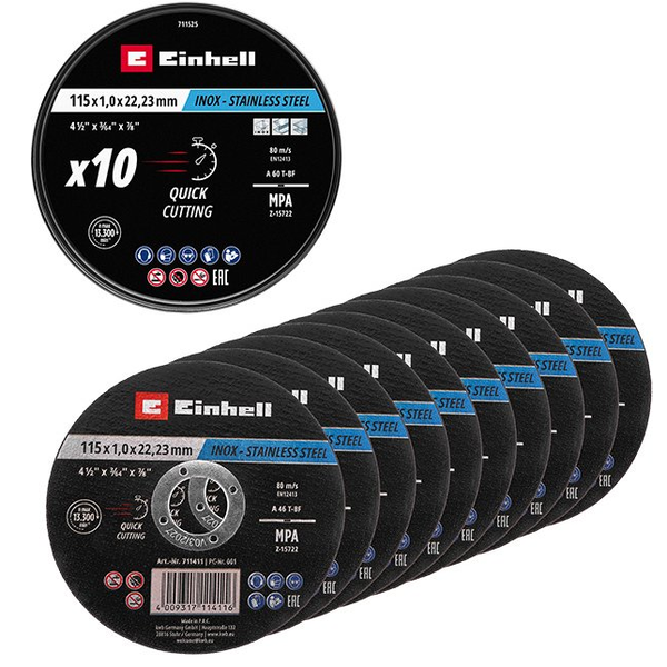 Einhell 711525 Vágótárcsa készlet 115 mm 10 db Fém, Nemesacél, Acél, Lemez