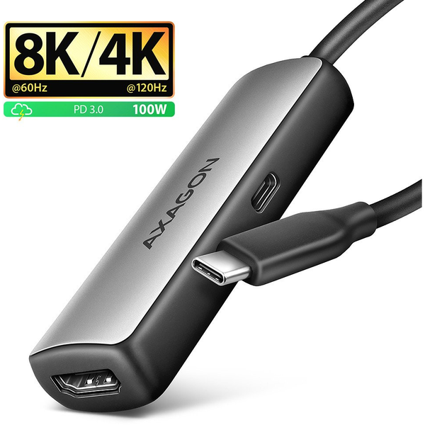 Axagon RVC-HI8KPD, USB-C -> HDMI 2.1 redukce / adaptér, 8K/60Hz, 4K/144Hz, HDR10+, PD100W 0,16 m USB Type-C HDMI + USB Type-C