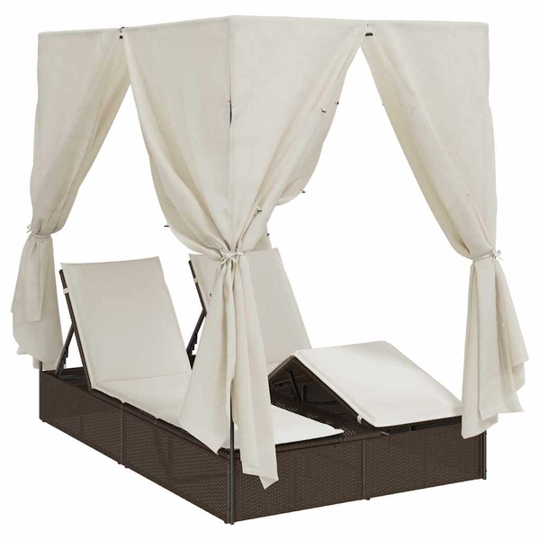 Dupla napozóágy, tetővel és függönyökkel függönyökkel Állítható Barna