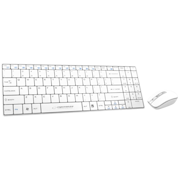 Комплект Безжична оптична клавиатура и мишка Esperanza, ултра тънка клавиатура, регулируема DPI мишка, Бял