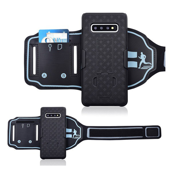 Műanyag telefonvédő (ütésálló, karpánt, sportoláshoz, kitámasztó, rács minta) FEKETE [Samsung Galaxy S10 (SM-G973)] (5996457866984)