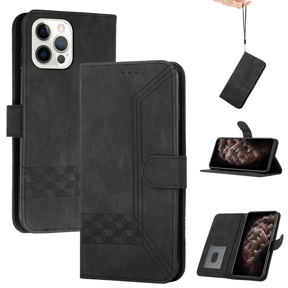 Apple iPhone 14 Pro Max, Oldalra nyíló tok, stand, kártyatartóval, kézpánttal, Wooze Illusion, fekete (124892)