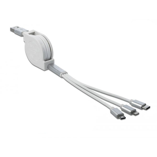 Delock 3az1-ben USB Type-A - Lightning/MicroUSB/USB Type-C visszahúzható töltőkábel fehér (85850)