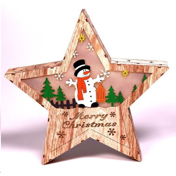 IRIS Csillag alakú hóember mintás/30x30cm/meleg fehér LED-es fa fénydekoráció (310-02) (310-02)