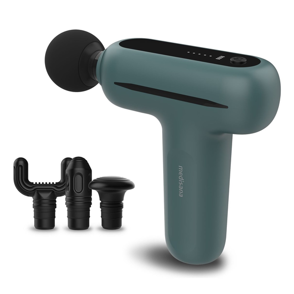 Вибрационен масажен пистолет Medisana MG 200 Mini, 4 приставки за мускулно възстановяване и релаксация, 5 избираеми скорости, Автоматично спиране след 10 мин, Зелен