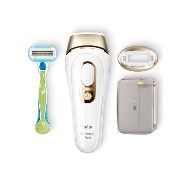Фотоепилатор IPL Braun Silk-expert PRO 5 PL5054 Автоматичен и непрекъснат сензор Skin pro 2.0, 400 000 импулса, 10 нива на интензитет, 125 импулса в минута, Комплект за пътуване, Самобръсначка Venus, Бял/Златист
