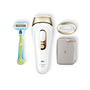 Фотоепилатор IPL Braun Silk-expert PRO 5 PL5054 Автоматичен и непрекъснат сензор Skin pro 2.0, 400 000 импулса, 10 нива на интензитет, 125 импулса в минута, Комплект за пътуване, Самобръсначка Venus, Бял/Златист