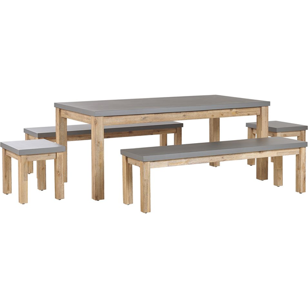 Conjunto De Jardín De Cemento Reforzado Gris Madera De Acacia Clara Mesa De 8 Plazas 2 Bancos 2 Taburetes Para Exteriores Industrial Moderno Ostuni - Gris