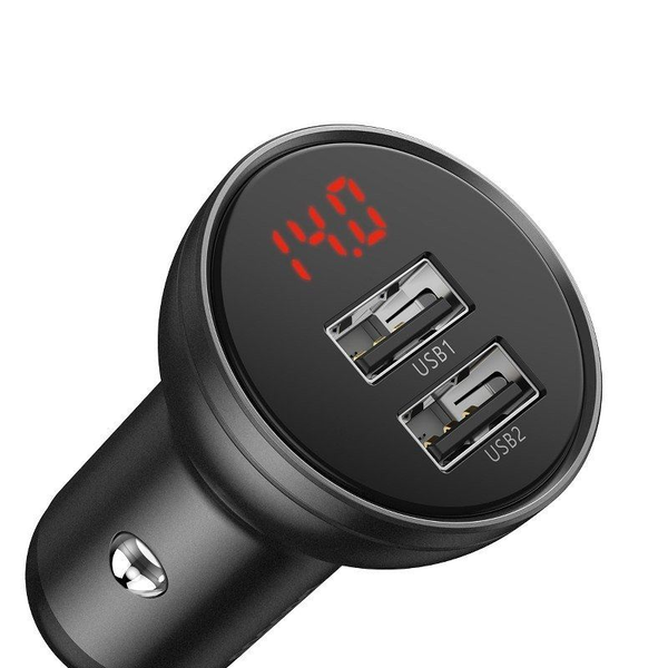 Incarcator auto, Baseus, Display, 2xUSB, 4.8A, 24W, Gri