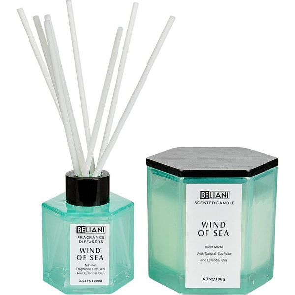 Conjunto De Vela Perfumada Y Difusor De Varilla 100% Cera De Soja Mecha De Algodón Vidrio Fresco Brisa Marina Classy Tint
