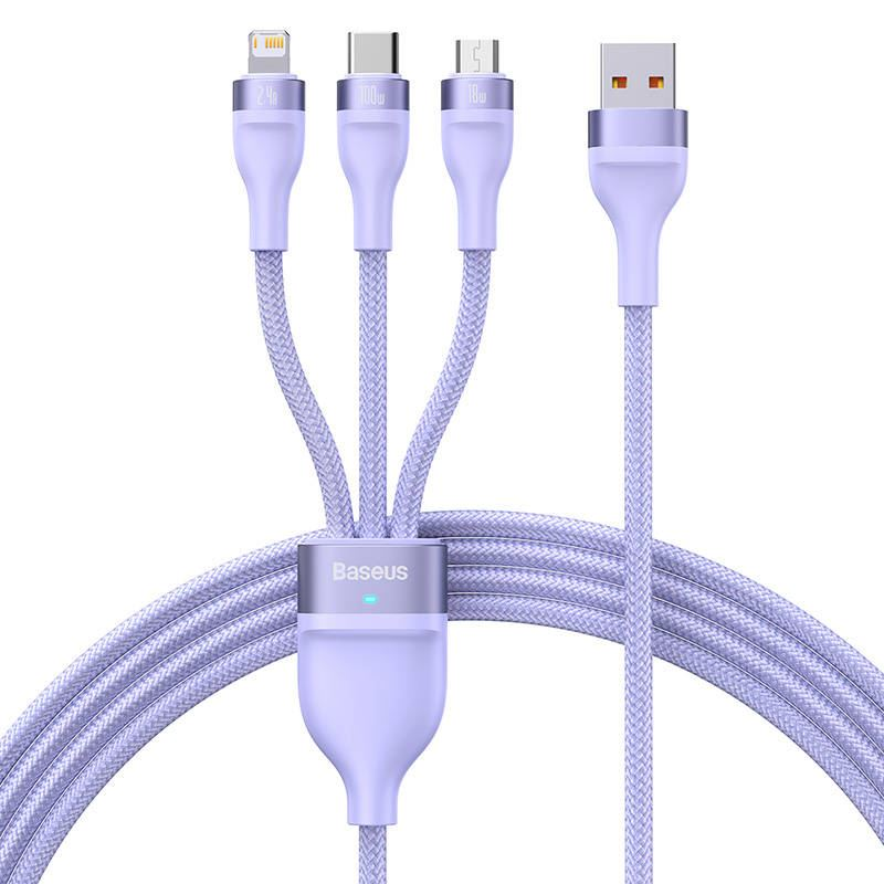 Baseus Flash Series 3 az 1-ben USB-kábel USB-C + micro USB + Lightning 100W 1.2m lila (CASS030005) (CASS030005)