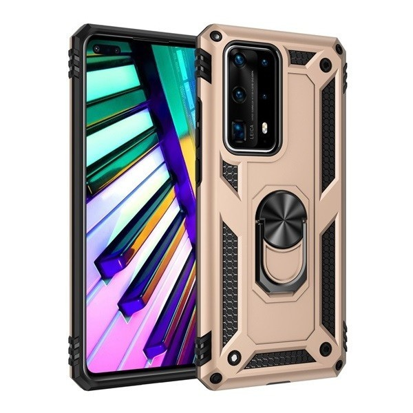 Samsung Galaxy A21 SM-A210F, Műanyag hátlap védőtok, közepesen ütésálló, szilikon belső, telefontartó gyűrű, Defender, arany (89755)
