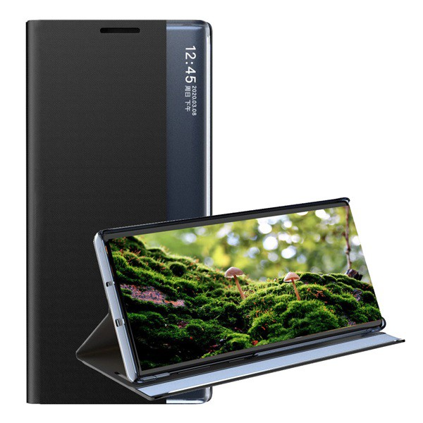 Tok álló, bőr hatású (FLIP, oldalra nyíló, asztali tartó funkció, hívószámkijelzés, View Window) FEKETE [Samsung Galaxy S22 Plus 5G (SM-S906)] (5996591120508)