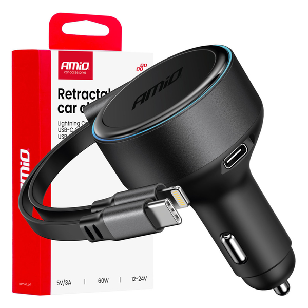 AMiO , Szivargyújtó Töltő Usb-C - Lightning, Behuzható, 60W 12/24V (0504370)