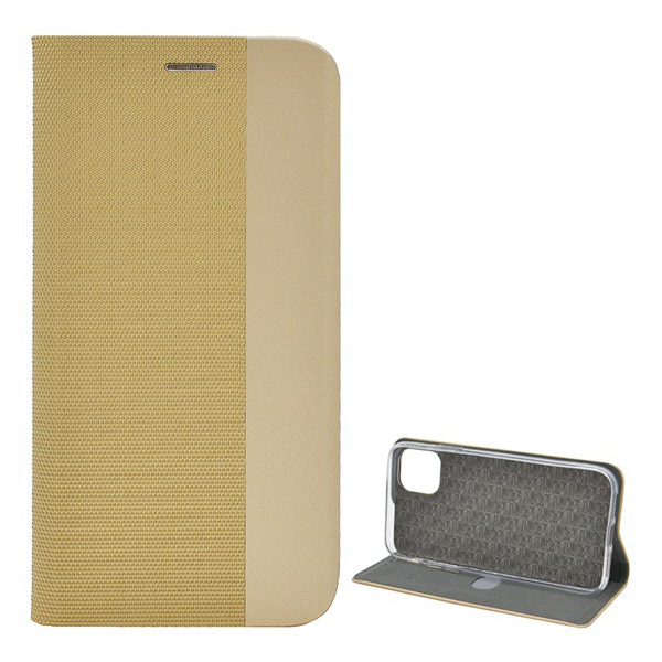 Tok álló, bőr hatású (FLIP, oldalra nyíló, asztali tartó funkció, textil minta) ARANY [Apple iPhone 11 Pro Max] (5996457960453)