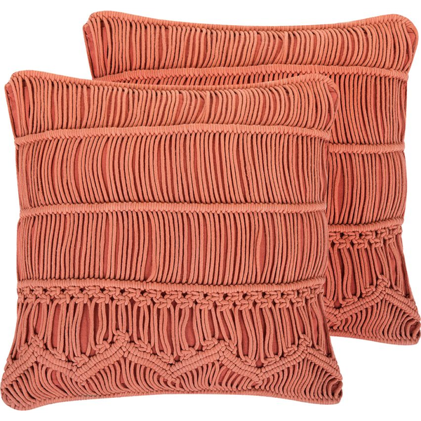 Conjunto De Cojines Decorativos De Algodón Naranja Macramé 45 X 45 Cm Cuerda Boho Retro Akkoy - Naranja