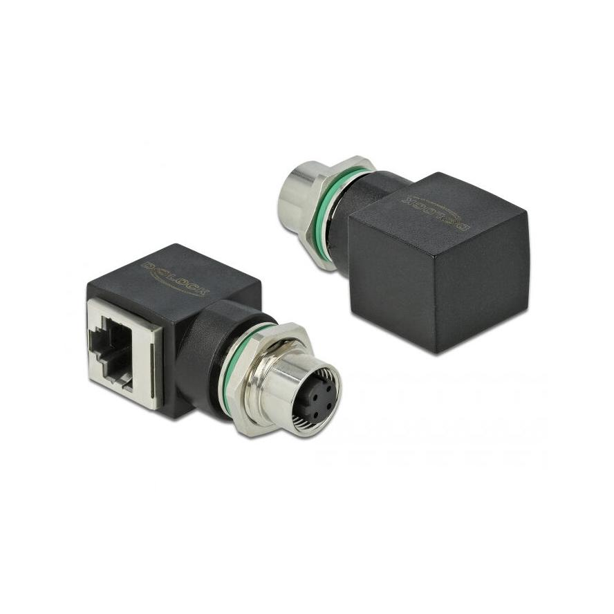 Delock M12 4pin D-code -> RJ45 CAT5e UTP F/F adapter fekete IP67 (66312)