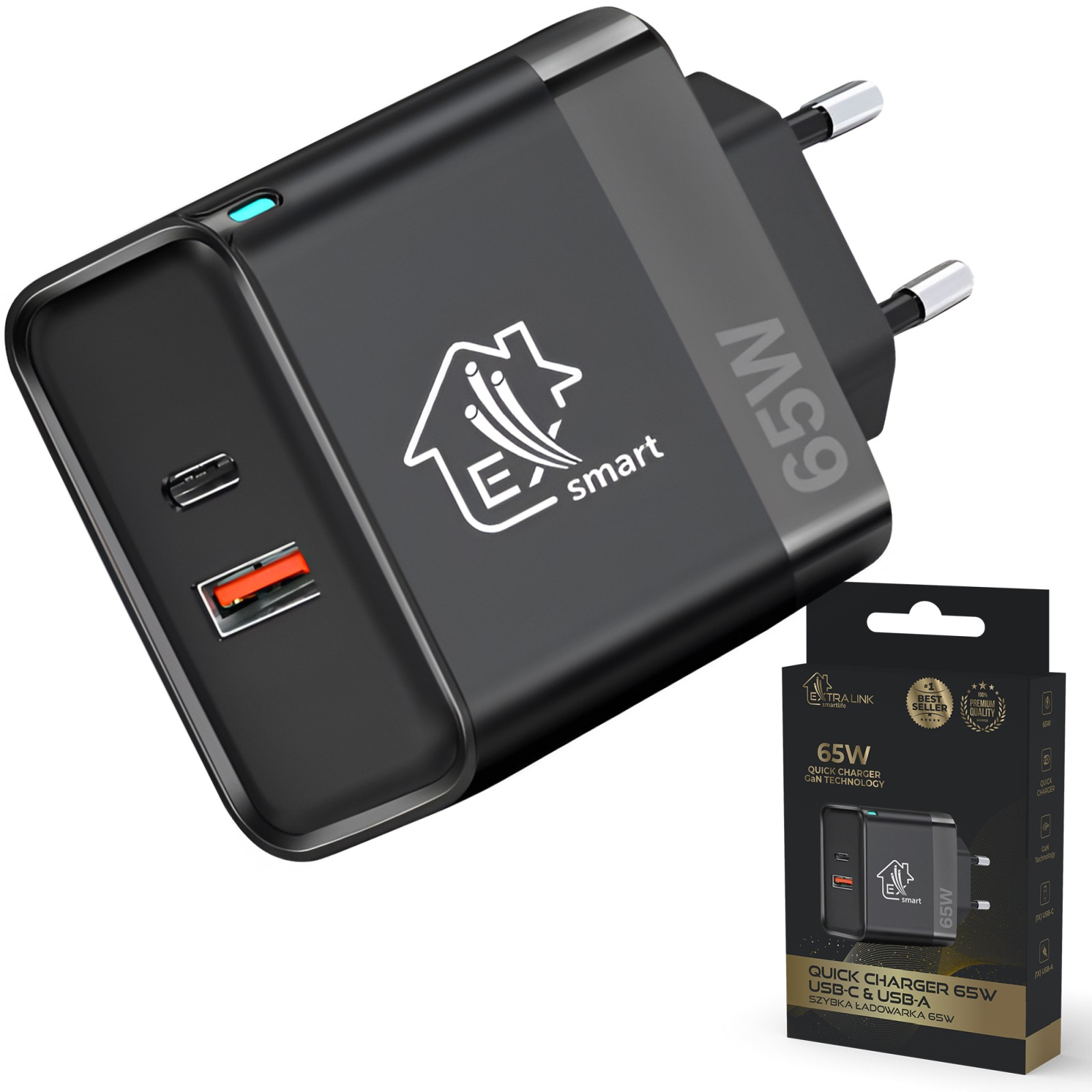 ExtraLink CHARESL06 Smart Life USB-A / USB-C Hálózati Gyorstöltő Adapter 65W - Fekete (CHARESL06)