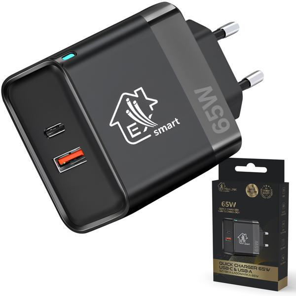 Мрежово зарядно устройство, Extralink, Smart Life, бързо зарядно устройство, 65W GaN, USB-C, USB-A, черно