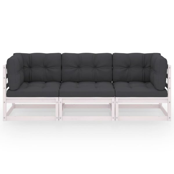 háromszemélyes tömör fenyőfa kerti kanapé párnákkal