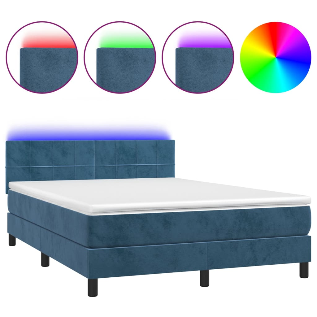 sötétkék bársony rugós és LED-es ágy matraccal 140x190 cm (3134403)