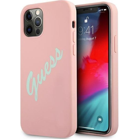 Guess Silicone Vintage Green Script Apple iPhone 12/12 Pro hátlap tok, rózsaszín (GUE895GRNPNK)
