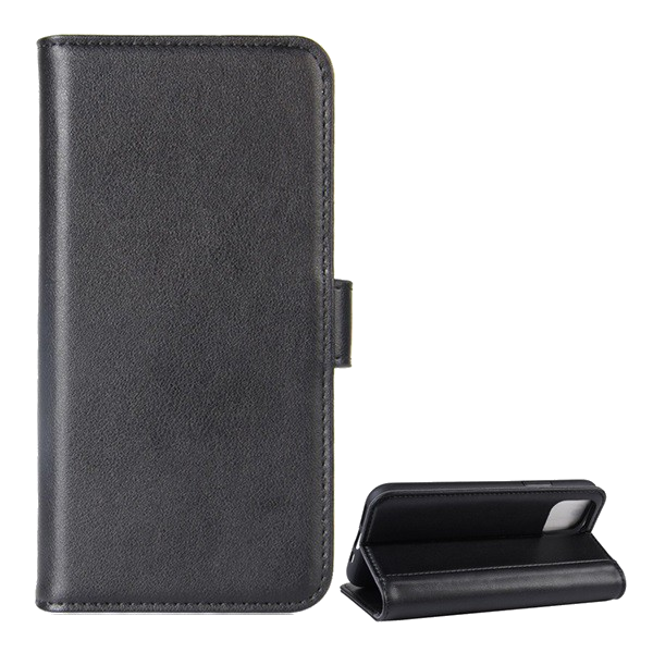 Tok álló, valódi bőr (FLIP, oldalra nyíló, asztali tartó funkció) FEKETE [Apple iPhone 11] (5996457907434)