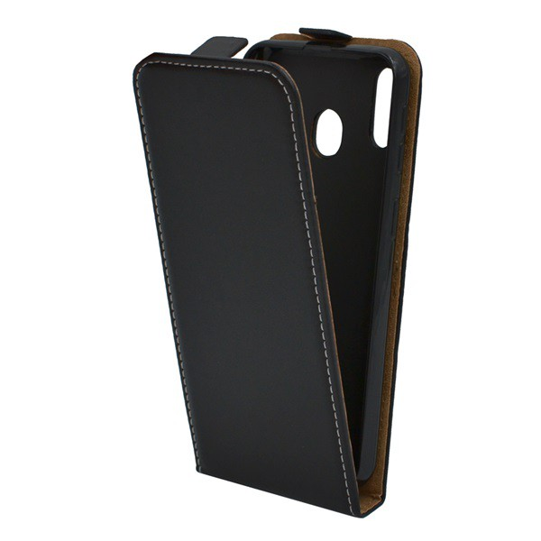 Tok álló, bőr hatású (FLIP, lefelé nyíló, szilikon tartó) FEKETE [Samsung Galaxy M20 (SM-M205F)] (5996457874972)