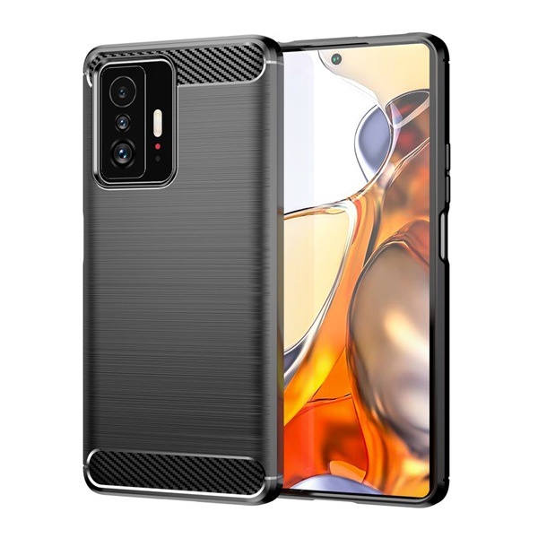 Силиконов протектор за телефон Xiaomi 11T (Pro) (средно устойчив на удар, ъгъл с въздушна възглавница, четка, карбонов модел) черен