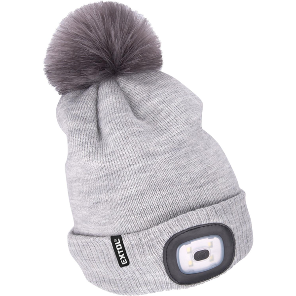 EXTOL LIGHT Pomponos sapka fejlámpával, 4 × 45 lm, világosszürke, UNI