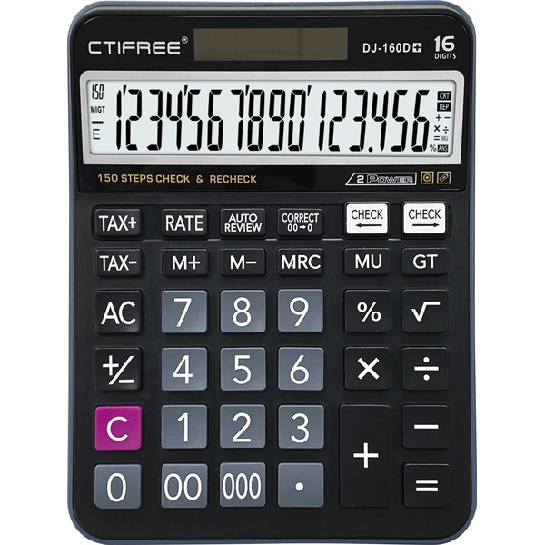 CTIFREE DJ-160Dplus fekete számológép, 145x190mm, 16 számjegy, TAX funkció, dual power (DJ-160DPLUS)
