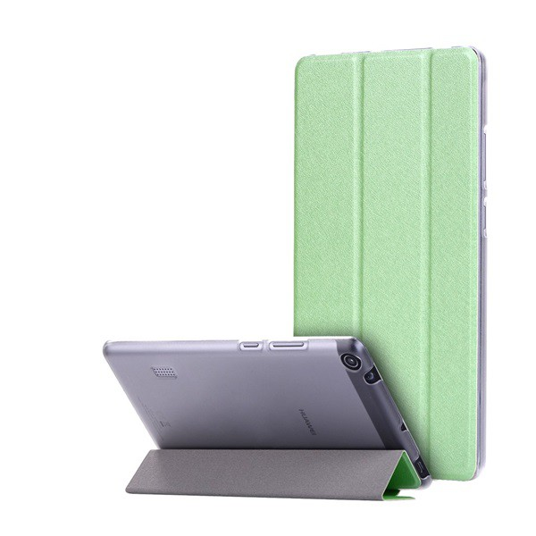 Tok álló, bőr hatású (FLIP, oldalra nyíló, TRIFOLD asztali tartó funkció, selyem minta) ZÖLD [Huawei Mediapad T3 7] (5996457721573)