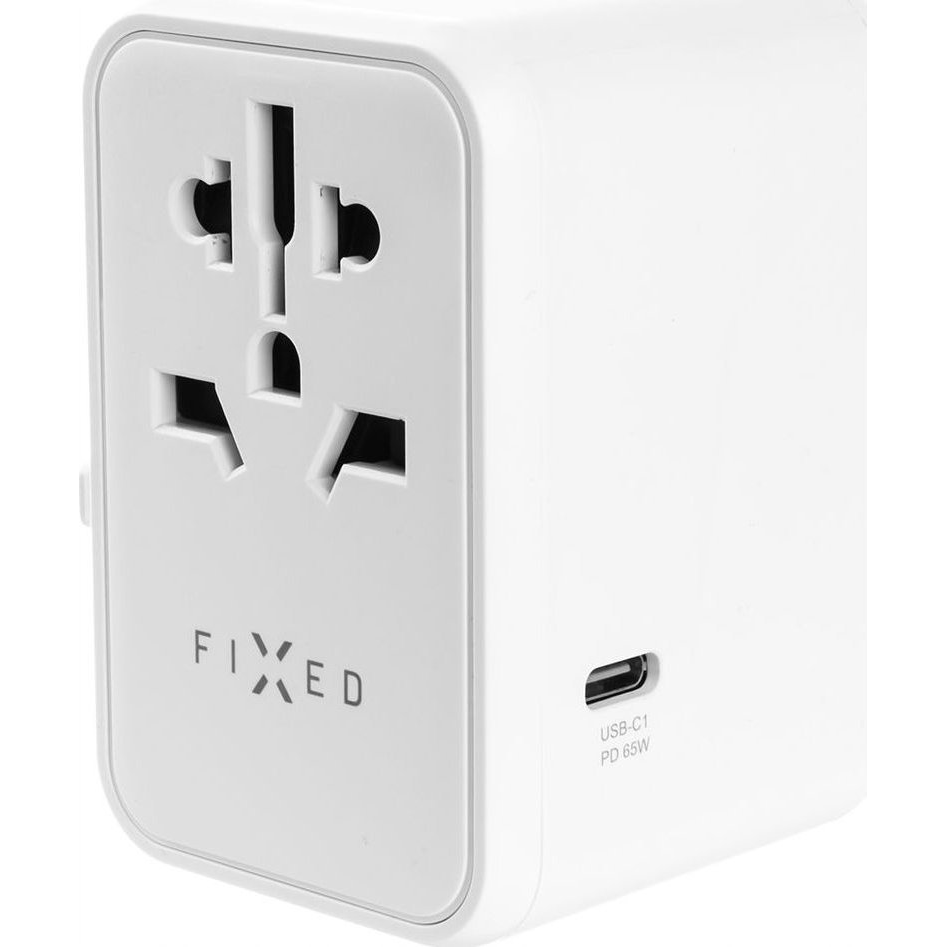 FIXED travel adapter for EU, UK and USA/AUS, with 3xUSB-C and 2xUSB output, GaN, PD 65W, white (FIXCT65-3C2A-WH)