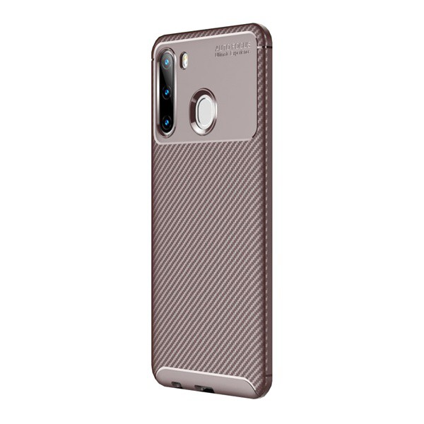 Szilikon telefonvédő (közepesen ütésálló, légpárnás sarok, karbon minta) BARNA [Samsung Galaxy A21 (SM-A210F)] (5996457961528)