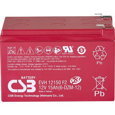 CSB Battery EVH 12150 EVH12150X3 Ólomakku 12 V 15 Ah Ólom-vlies (AGM) (Sz x Ma x Mé) 151 x 102 x 98 mm 6,35 mm-es laposérintkezős dugó Ciklusálló, (EVH12150X3)