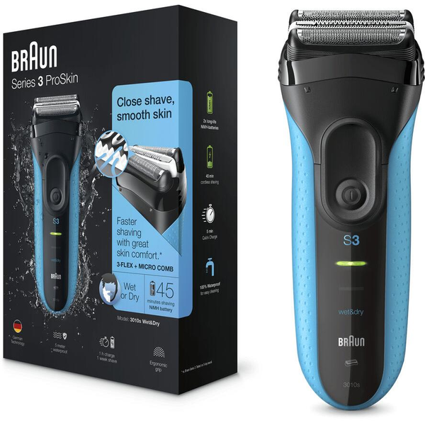 Braun Series 3 3010 Wet & Dry Planžetový holiaci strojček Zastrihávač Čierna, Modrá