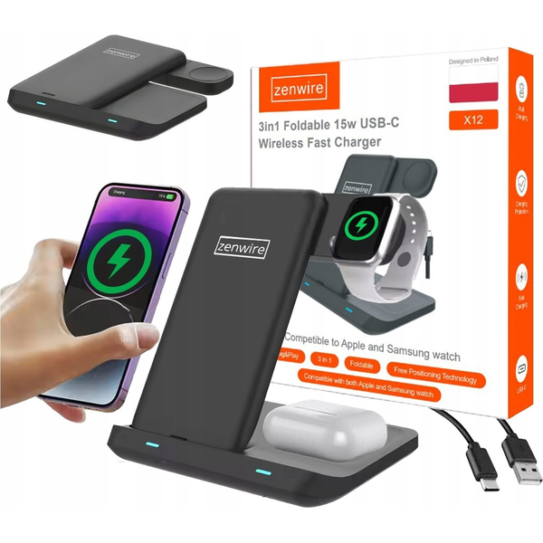 Zenwire X12 3v1 brezžična indukcijska polnilna postaja Qi 15W USB-C zložljiva za telefon, uro (Apple/Samsung) in slušalke TWS