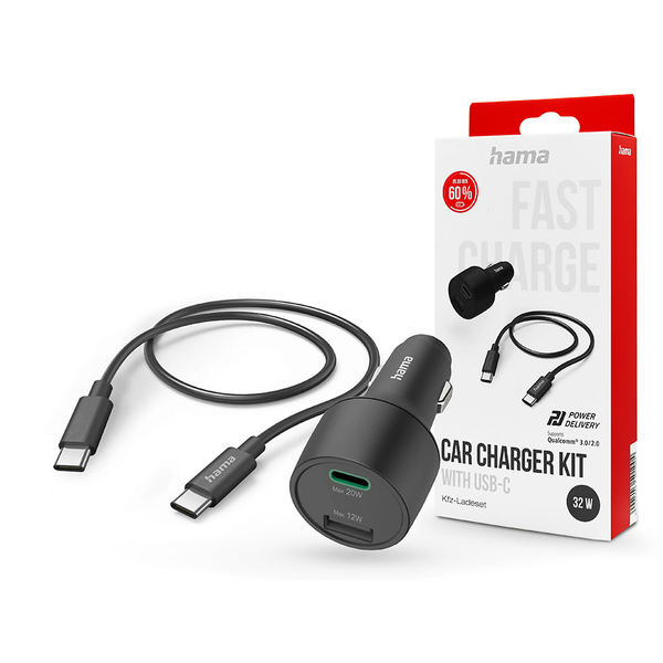 HAMA szivargyújtó töltő adapter USB + Type-C bemenettel + Type-C - Type-C kábel - 32W - HAMA Car Charger Kit with USB-C/USB-A - PD/QC 2.0 / 3.0 - fekete