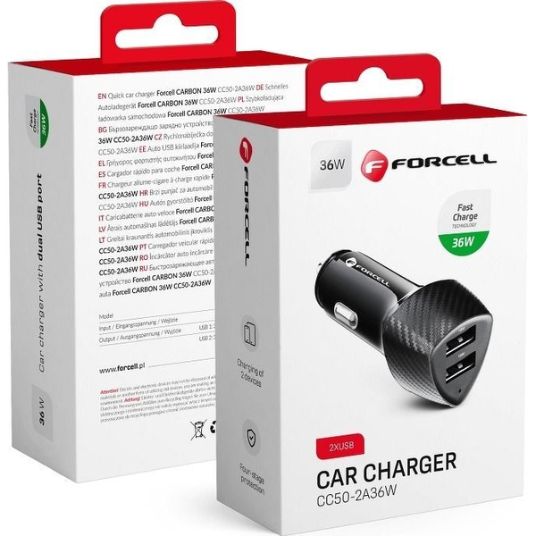 Forcell Carbon CC50-2A36W Autós Töltő 2xUSB-A Csatlakozóval 36W Fekete