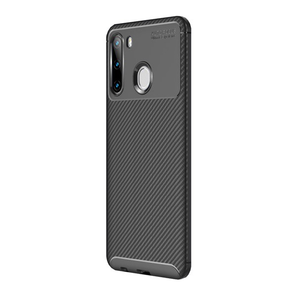 Szilikon telefonvédő (közepesen ütésálló, légpárnás sarok, karbon minta) FEKETE [Samsung Galaxy A21 (SM-A210F)] (5996457961566)