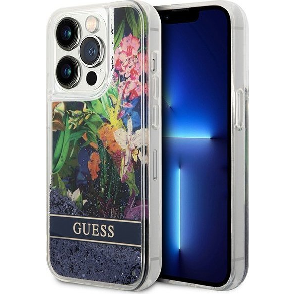 Guess Flower Liquid Glitter Apple iPhone 14 Pro hátlap tok, kék (GUE1974)