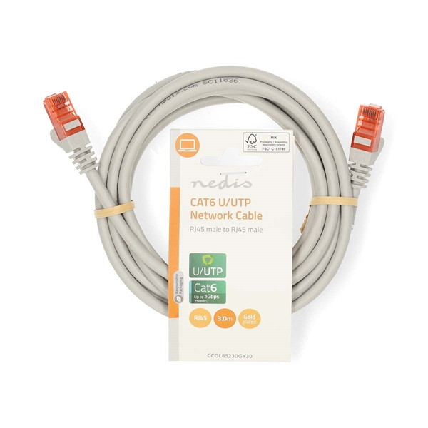 Nedis CCGL85230GY30 UTP Cat6 patch kábel, RJ45 aranyozott érintkezők, hossz 3m (CCGL85230GY30)