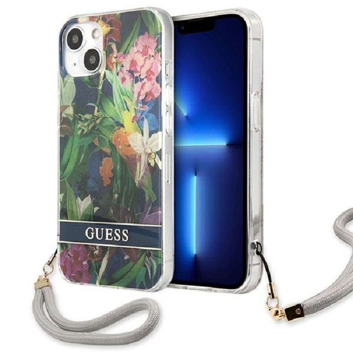 Guess Flower Cord Apple iPhone 13 mini Szilikon Tok - Kék Mintás (GUHCP13SHFLSB)