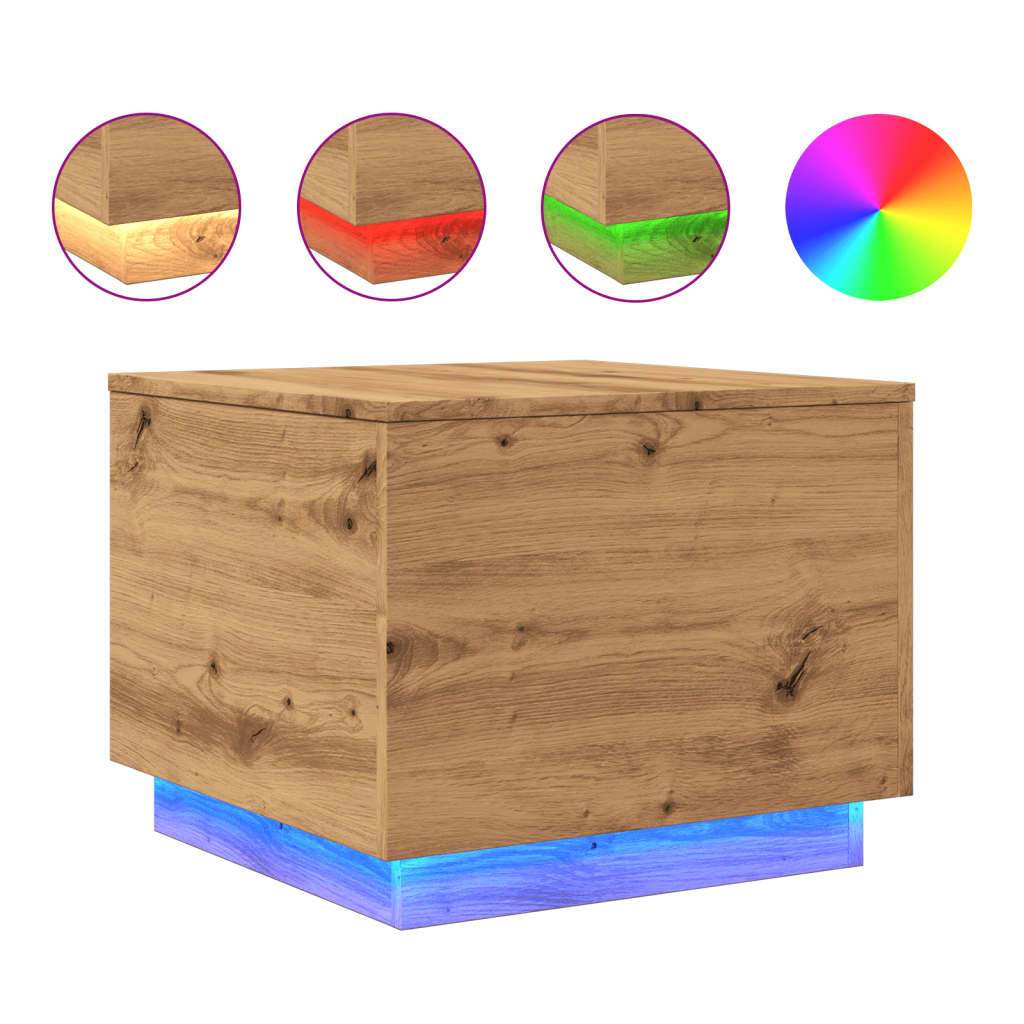 kézműves tölgy színű dohányzóasztal LED-lámpákkal 50x50x40cm (857721)