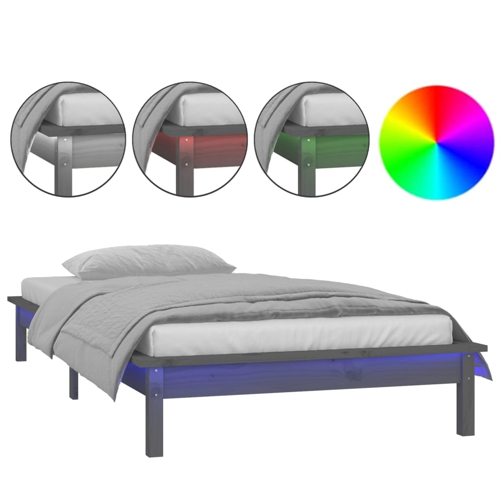szürke tömör fa LED-es ágykeret 100 x 200 cm (820598)