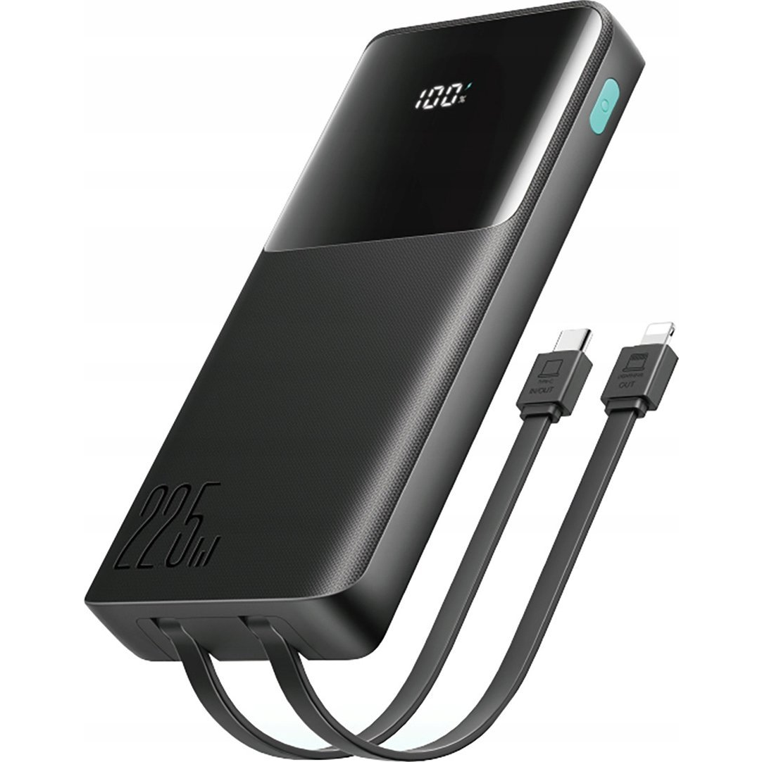 Joyroom JR-PBF19 Powerbank 1xUSB-A És 1xUSB-C Csatlakozással Beépített Type-C És Lightning Kábellel 10000 mAh 22.5W 3A PD QC-Fekete (JYR1136)